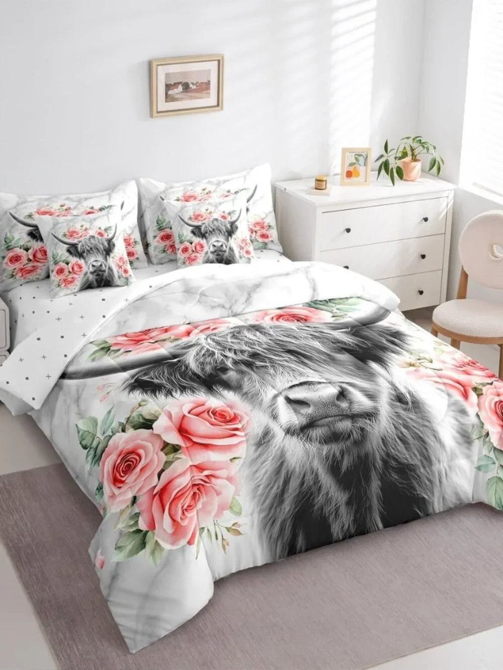 Highland Cow Flower Full Comforter Set with Sheets 7 Piece Rose Grey Marble Bed